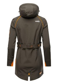 Khaki jacket with a hood, featuring orange accents, a belted waist, and button closure. Smooth fabric with a tailored fit.