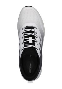 Czarno-białe buty sportowe z przewiewną cholewką, teksturowanym wykończeniem i sznurowadłami. Posiadają okrągły czubek i amortyzowaną podeszwę.