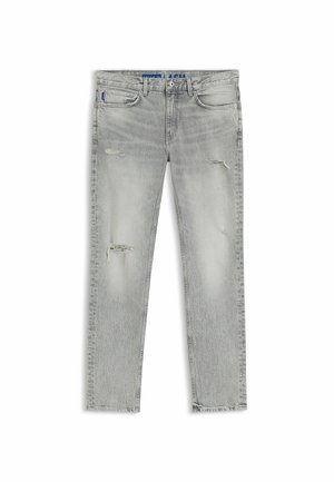 Jasnoszare jeansy o dopasowanym kroju, z przetartymi detalami na udach i kolanach, z zapięciem na guziki z przodu oraz z projektem z pięcioma kieszeniami.