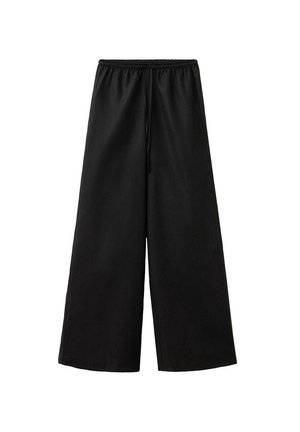 Pantalones negros de pierna ancha con cintura elástica y cordón, hechos de tela suave.