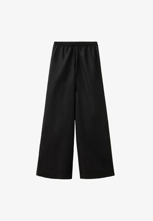 Pantalon noir à jambes larges avec ceinture élastique et cordon, en tissu lisse.