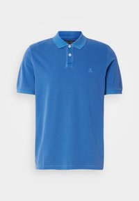 Blue polo shirt made of cotton, featuring a classic collar, two-button placket, and embroidered logo on the chest. Short sleeves.