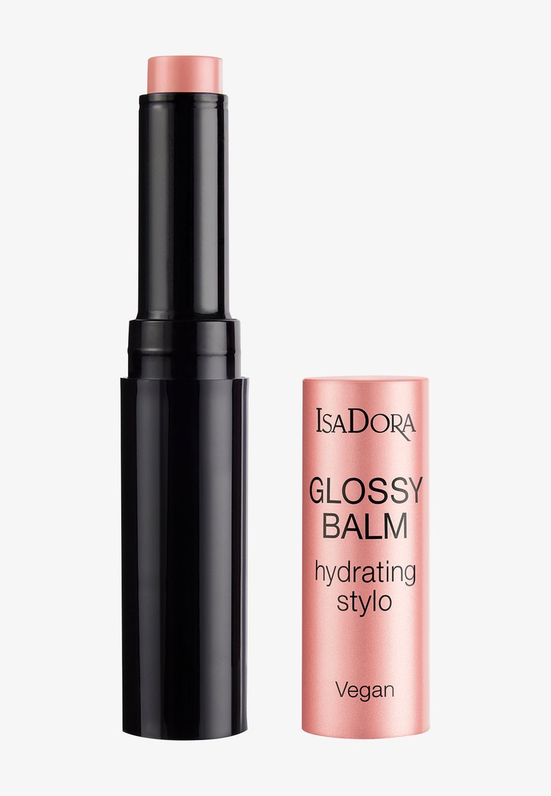 Balsamo labbra in un tubo nero a twist, con un bastoncino rosa e un cappuccio metallico rosa etichettato "Glossy Balm". Prodotto vegano.