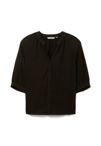 Schwarz, kurzärmliges Hemd mit durchgehender Knopfleiste, weichem Stoff, gerafftem Halsausschnitt und dezentem Strukturmuster.