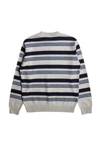 Grey sweater with navy and light blue horizontal stripes. Ribbed crew neckline and cuffs. Soft texture, designed for comfort.