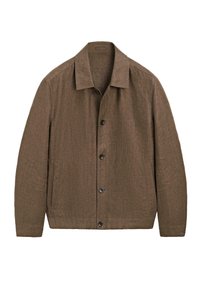 Veste marron à boutons avec col, manches longues et deux poches latérales, en tissu texturé.