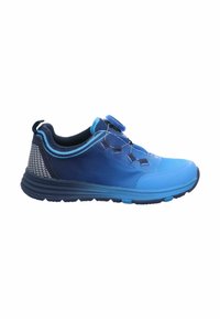 Scarpa sportiva blu con tomaia in rete, motivo a gradiente tonale e chiusura a toggle. Presenta una suola in gomma e accenti testurizzati in contrasto.