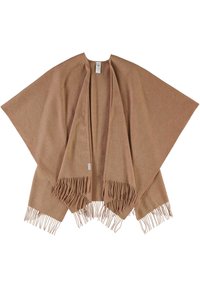 Hellbrauner Poncho mit Fransen. Hergestellt aus weichem Material, besitzt einen offenen Vorderteil und ein breites, fließendes Design für Komfort und Bedeckung.