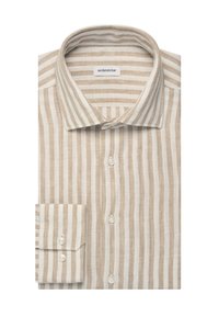 Camicia a righe in lino beige e bianco; presenta un colletto classico, chiusura con bottoni e un polsino singolo con righe abbinati.
