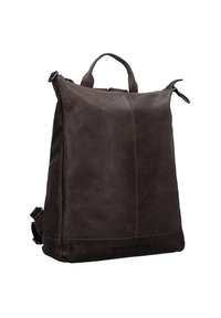 Zaino in pelle marrone scuro con un design strutturato, dotato di chiusura con zip, manico superiore e spallacci regolabili. Finitura testurizzata.