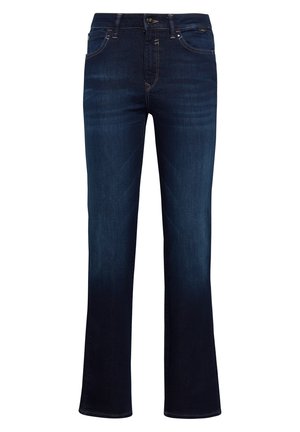 Jeans en denim bleu foncé, ajustés, avec un léger dégradé, cinq poches, coutures visibles et taille mi-haute.