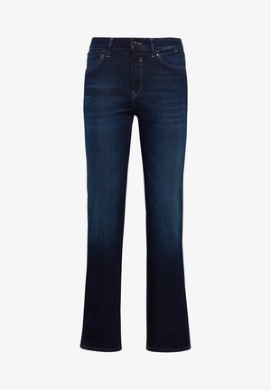 Schmal geschnittene, dunkelblaue Jeans mit leichtem Farbverlauf, fünf Taschen, sichtbaren Nähten und normaler Bundhöhe.