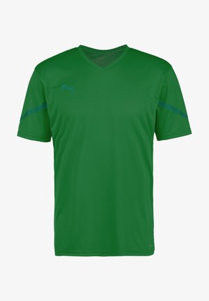 Vihreä lyhythihainen urheilupaita V-pääntiellä ja hillityillä tummilla raidoilla hihoissa, jossa on pieni Puma-logo rinnassa.