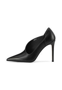 Scarpa nera in pelle con tacco alto, punta affilata e design a intaglio. Presenta un sottile tacco a stiletto e una texture liscia. Taglia 37.