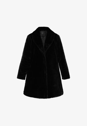 Cappotto in pelliccia sintetica nera con collo a scialle, maniche lunghe e vestibilità rilassata, caratterizzato da una texture liscia e senza motivi o hardware visibili.