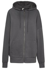 Sudadera gris con cremallera hecha de tela suave. Cuenta con capucha, bolsillos frontales y puños y dobladillo acanalados. Diseño minimalista sin patrones.