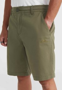 Olivgrüne Shorts aus glattem Stoff, mit Knopfverschluss, seitlichen Taschen und einem kleinen gestickten Logo am linken Bein.