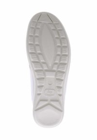 White sneaker outsole featuring a textured rubber surface with tread patterns for grip. Includes branding and size markings.