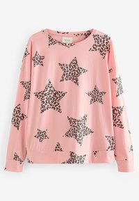Lyserød sweatshirt med et grafisk mønster af sorte leopardprint stjerner. Blødt materiale med en afslappet pasform og lange ærmer.