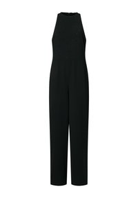 Juodas jumpsuit'as su aukštu kaklu, pasiūtas iš lygaus audinio, tiesių kojų ir su išsklaidytomis metalinėmis detalėmis ant liemenės. Užtrauktukas nugaros pusėje.