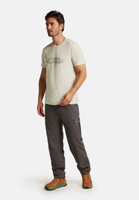 Light gray t-shirt with mountain graphic, paired with gray cargo pants and brown hiking shoes featuring green accents.