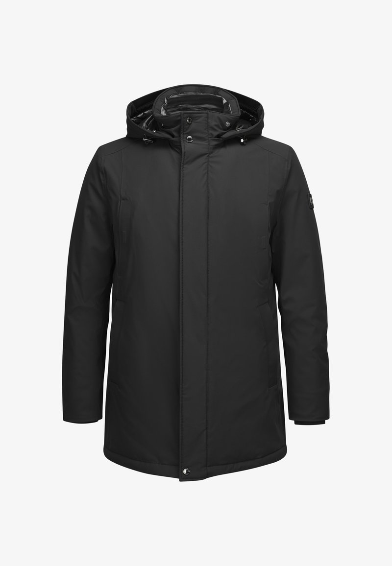 Schwarze Freizeitjacke, mit Kapuze und sicheren Verschlüssen, ausgestattet mit einem Reißverschluss vorne und seitlichen Taschen. Glatte, matte Oberfläche, isoliertes Design.