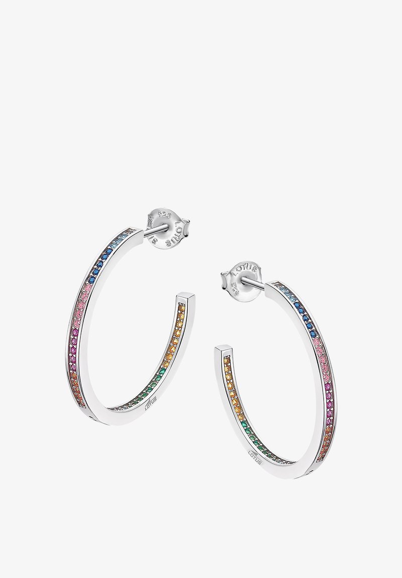 Silver hoop earrings featuring colorful stones in a channel setting along the edge. Notable shades include blue, pink, and green.