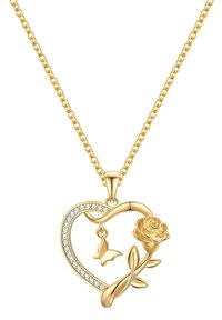 Guldhalskæde med et hjertevedhæng med rose- og sommerfugledesign, prydet med klare krystaller og en glat kæde.