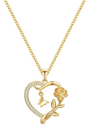 Goldene Halskette mit einem Herz-Anhänger, der mit einem Rosen- und Schmetterlingsdesign verziert ist, akzentuiert durch klare Kristalle und eine glatte Kette.