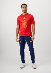 Κόκκινο βαμβακερό μπλουζάκι με κίτρινο σήμα της Ισπανίας, συνδυασμένο με μπλε αθλητικά παντελόνια που έχουν κίτρινο λογότυπο και λεπτομέρειες. Λευκά αθλητικά παπούτσια με κόκκινες ρίγες.