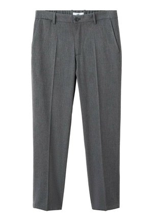 Maßgeschneiderte graue Hose mit glatter Stoffstruktur, geradem Schnitt und vorderen Falten. Verfügt über Seitentaschen und einen Knopfverschluss.