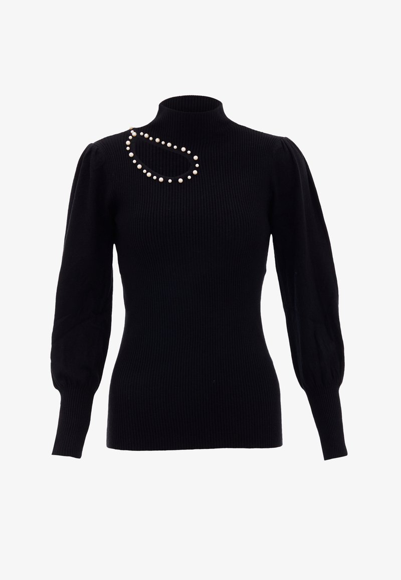 Schwarzer gerippter Pullover mit hohem Kragen und puffigen Ärmeln, der auf der linken Schulter mit einer Ansammlung von Perlenverzierungen ausgestattet ist.