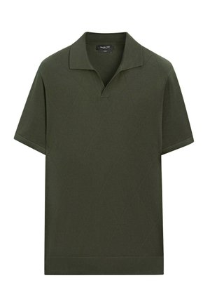 Polo verde scuro a maniche corte con colletto, motivo sottile a diamante e orlo a coste, mostrata su sfondo bianco.