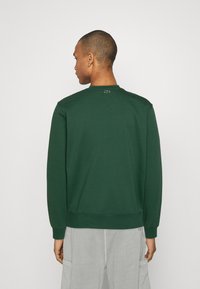 Sudadera verde de manga larga y cuello redondo. Presenta un detalle de logo en la parte posterior. Lleva puestas pantalones grises. Textura de tela suave.
