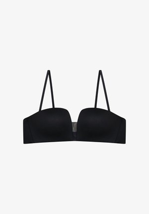 Czarny, wyścielany biustonosz z prostymi, regulowanymi ramiączkami i gładką teksturą. Posiada pasek z tyłu z delikatnym połyskiem.