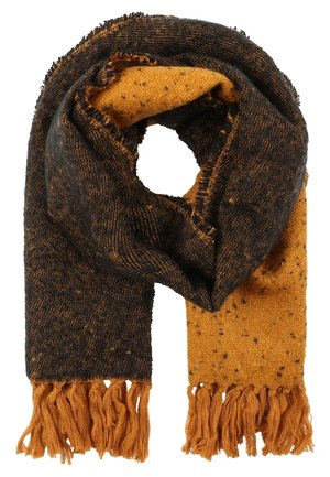 Szalik z mieszanki wełny z czarnymi i musztardowożółtymi blokami kolorów, wzorem w cętki oraz frędzlami na obu końcach.