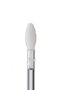 Pointe d'applicateur en mousse blanche, en forme ovale, fixée à un manche en plastique transparent, texture lisse et conception cylindrique pour une application précise.