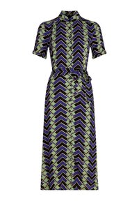 Printed dress featuring a geometric chevron pattern in navy, green, and black, with a shirt collar and short sleeves, finished with a belt.