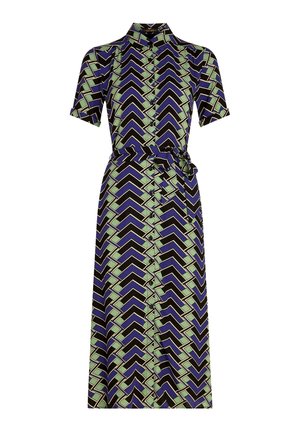 Printed dress featuring a geometric chevron pattern in navy, green, and black, with a shirt collar and short sleeves, finished with a belt.