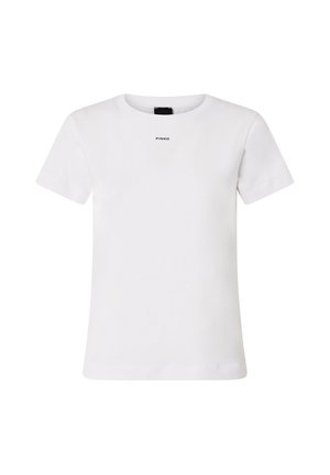 T-shirt bianco a maniche corte realizzato in cotone morbido, con scollatura rotonda e un piccolo logo "PINKO" stampato al centro della parte anteriore.