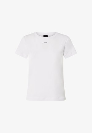 T-shirt blanc à manches courtes en coton doux, avec un col rond et un petit logo "PINKO" imprimé au centre devant.