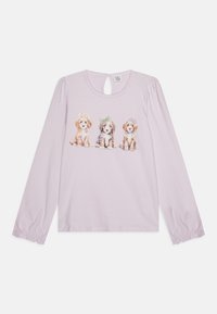 Maglietta lunga viola chiaro con scollatura rotonda e apertura a chiave sul retro, decorata con tre cuccioli illustrati con fiocchi sulla testa.