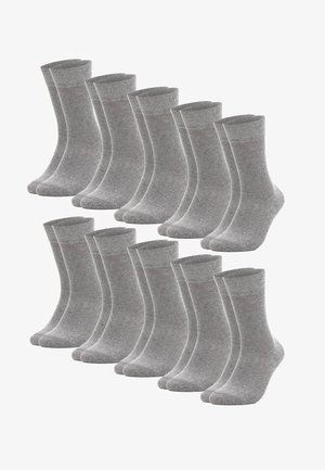 Zwölf Paar schlichte graue Knöchelsocken, in zwei Reihen auf weißem Hintergrund angeordnet.