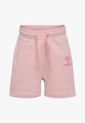 Ljust rosa bomullsshorts med elastiskt midjeband, justerbar dragsko och en tryckt logotyp på nedre vänstra sidan.