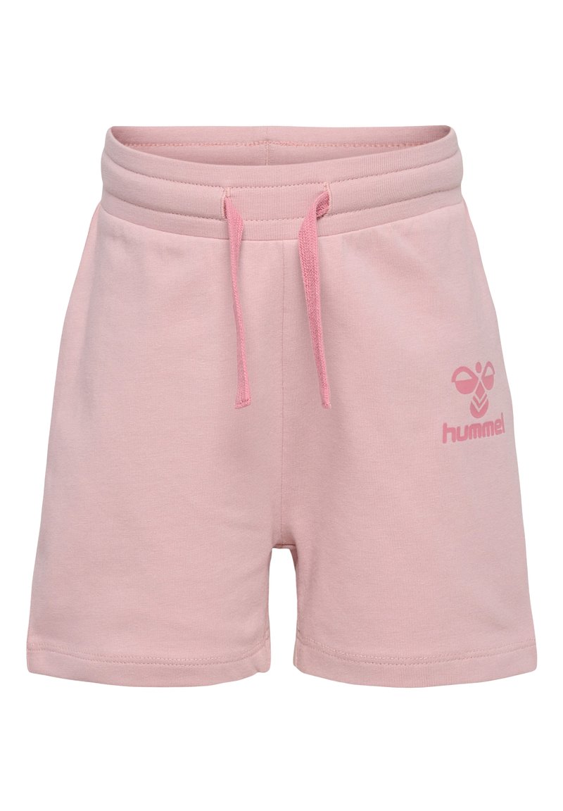 Ljust rosa bomullsshorts med elastiskt midjeband, justerbar dragsko och en tryckt logotyp på nedre vänstra sidan.