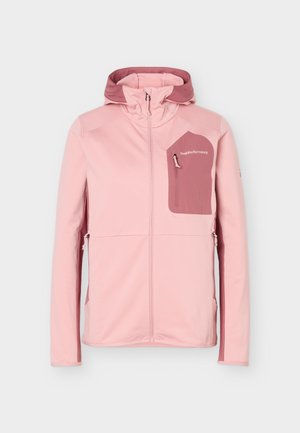 Ανοιχτόροζ ζακέτα με κουκούλα και φερμουάρ, με σκοτεινότερη ροζ τσέπη στο στήθος και πλαϊνές λεπτομέρειες, διαθέτει ψηλό γιακά και λογότυπο PEAK PERFORMANCE.