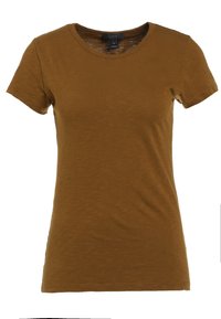 Koszulka t-shirt z krótkim rękawem, o klasycznym dekolcie w ciepłym brązowym kolorze. Uszyta z miękkiego, lekkiego materiału o fakturowanej powierzchni i regularnym kroju.