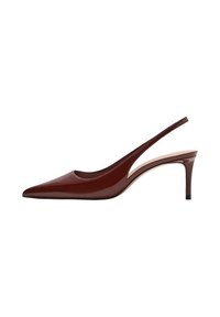 Sandale cu toc slingback din piele patent roșie, cu vârful ascuțit, toc subțire și design cu spate deschis. Textură netedă și detalii minime.