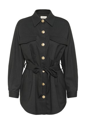 Tunic nera a maniche lunghe con bottoni dorati, tasche sul petto con pattina e cintura annodata in vita, colletto.