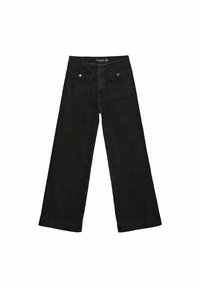 Zwarte denim broek met wijde pijpen en een hoge taille, twee voorkruiszakken en zilveren hardware details. Gladde textuur met een strakke, minimalistische stijl.